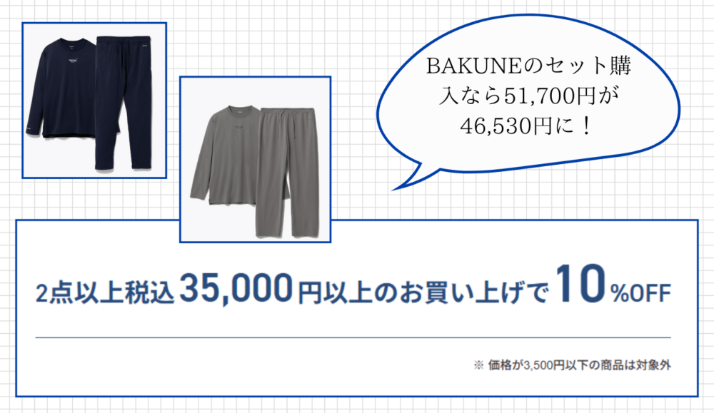 【最新】BAKUNEリカバリーウェアのセール情報3:BAKUNE DryとBAKUNE Dry Ladiesの2点同時購入で10%OFF!