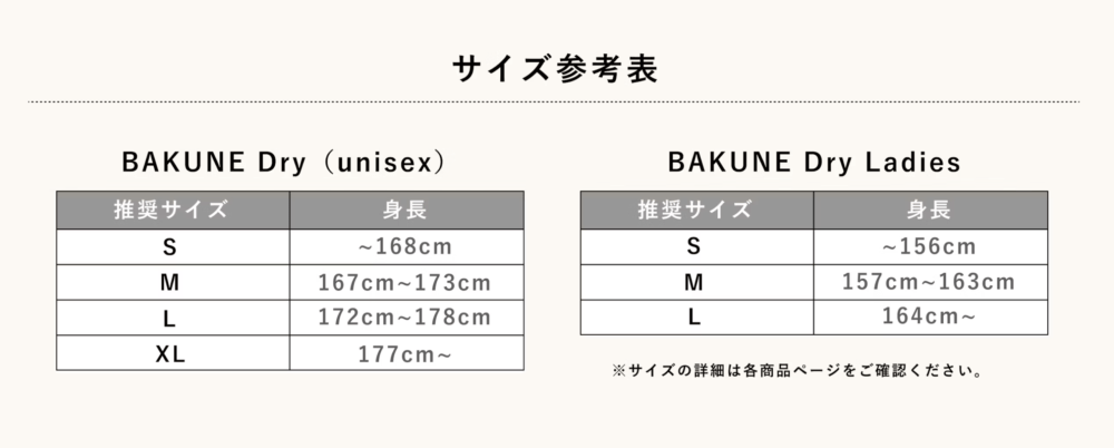 【最新】BAKUNEリカバリーウェアのセール情報２：BAKUNE DryとBAKUNE Dry Ladiesの２点同時購入で10％OFF！　サイズ表
